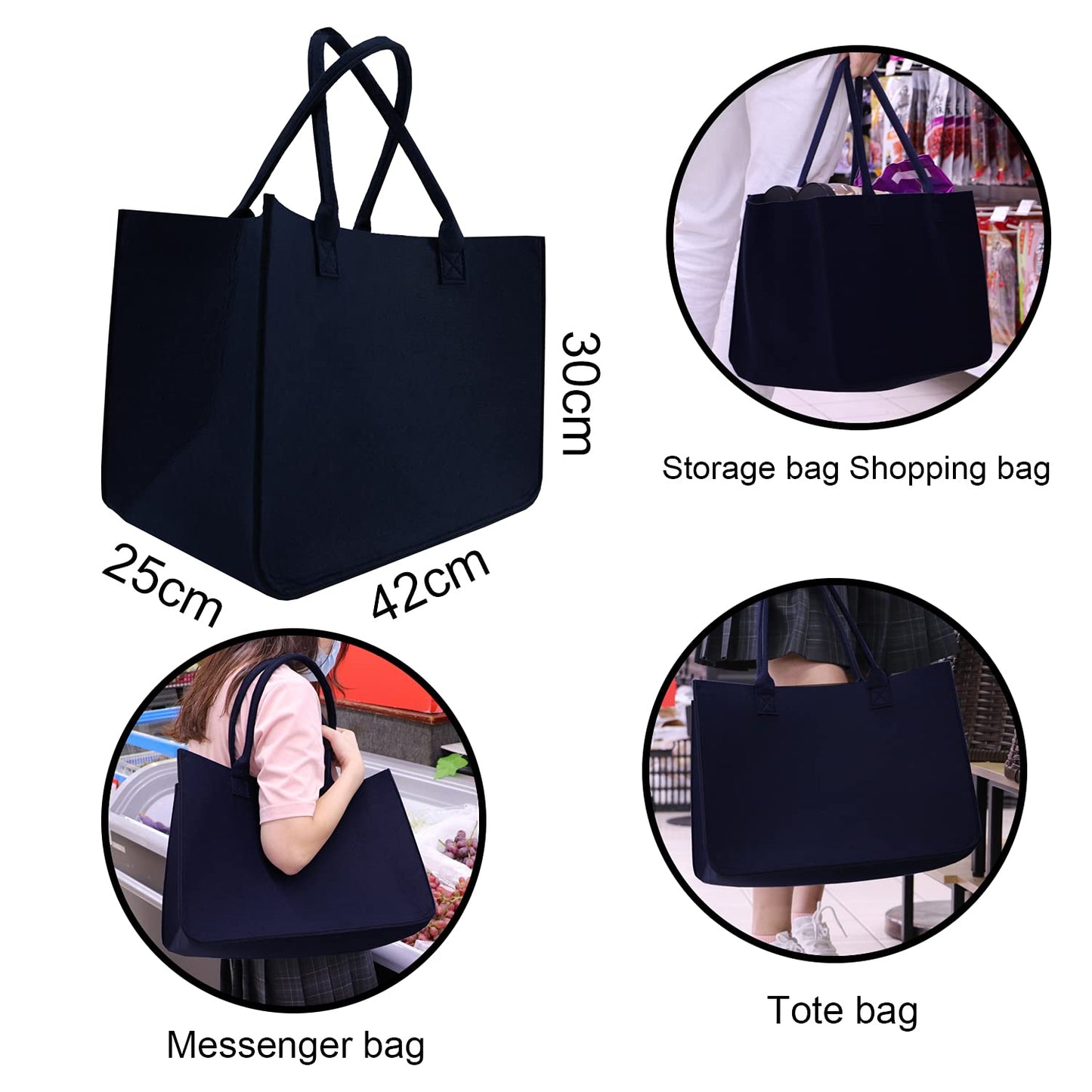 MEIANJU Kitchen Reusable Grocery Bags Felt Tote Bags 3pcs for Grocery Shopping Felt Bags (16"x12"x10", Dark Grey)