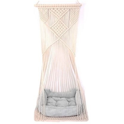 Sdjazl Macrame Hanging Cat Hammock Bed Cat Swing House Space Saving Window Perch with Washed Cotton Cats Toy Tassel Basket Tapestry (Beige, Swing Bed+Cushion)