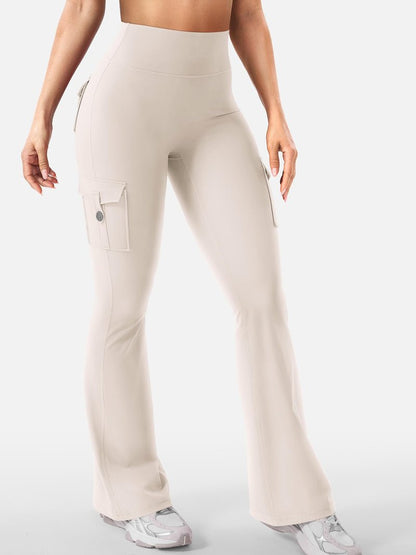 YEOREO CoreFlex Women Workout Flare Leggings with Pockets Hidden Scrunch High Waisted Cargo Gym Yoga Leggings Light Khaki M