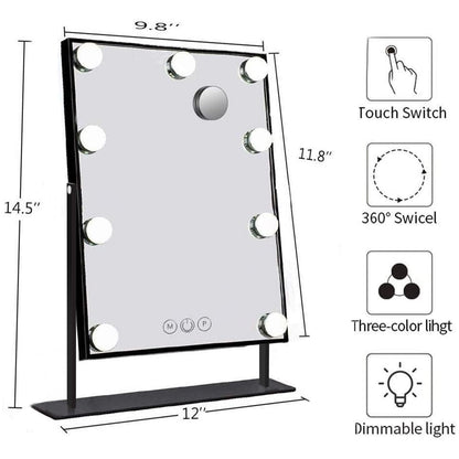 Hansong Vanity Mirror with Lights Lighted Makeup Mirror with 9 LED Bulbs Plug in Light Up Makeup Mirror with Lights 360 Rotation with 10x Magnifying Mirror Tabletop