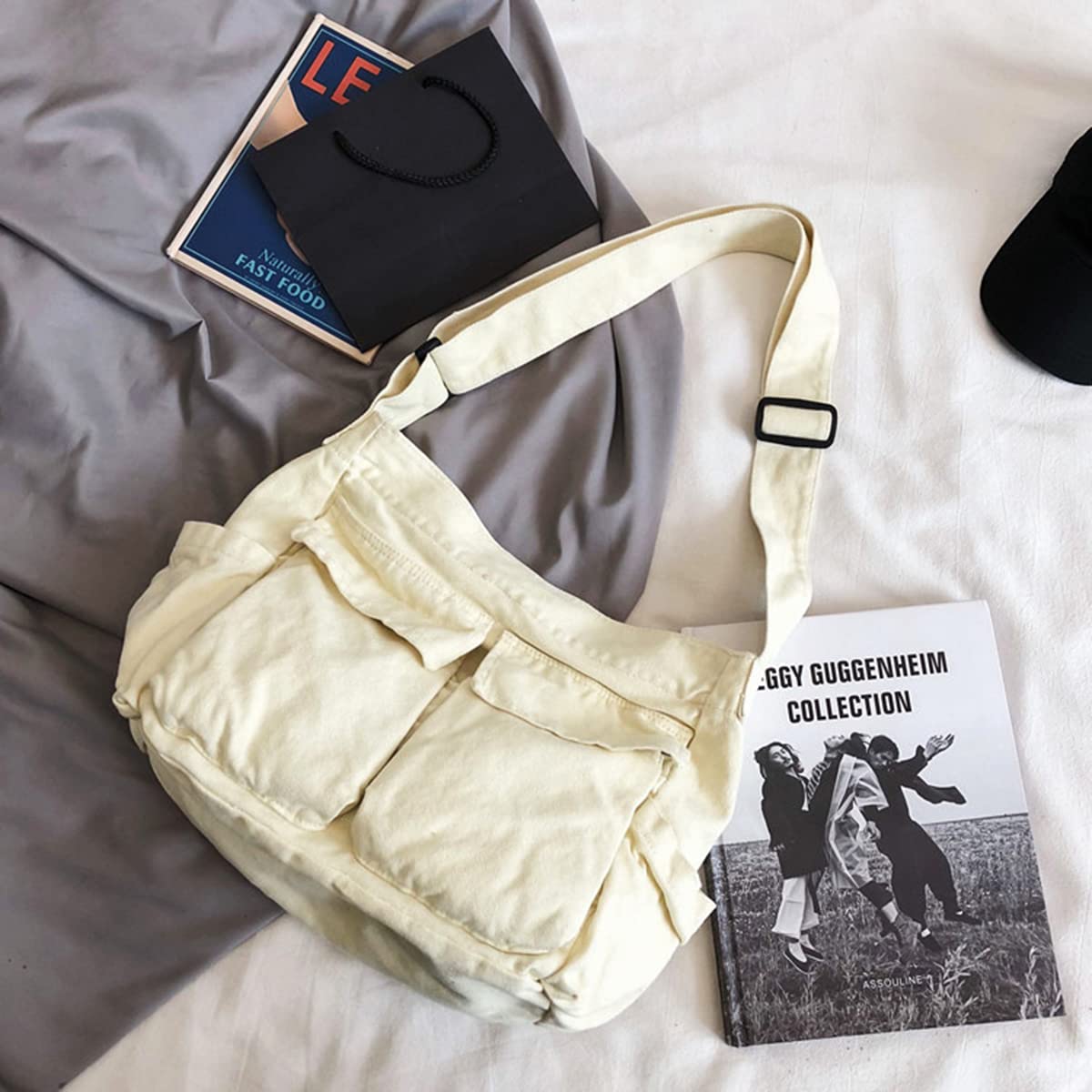 GAXOS Aesthetic Cute Messenger Bag for School Vintage Black Canvas Crossbody for Women Shoulder Laptop Bag
