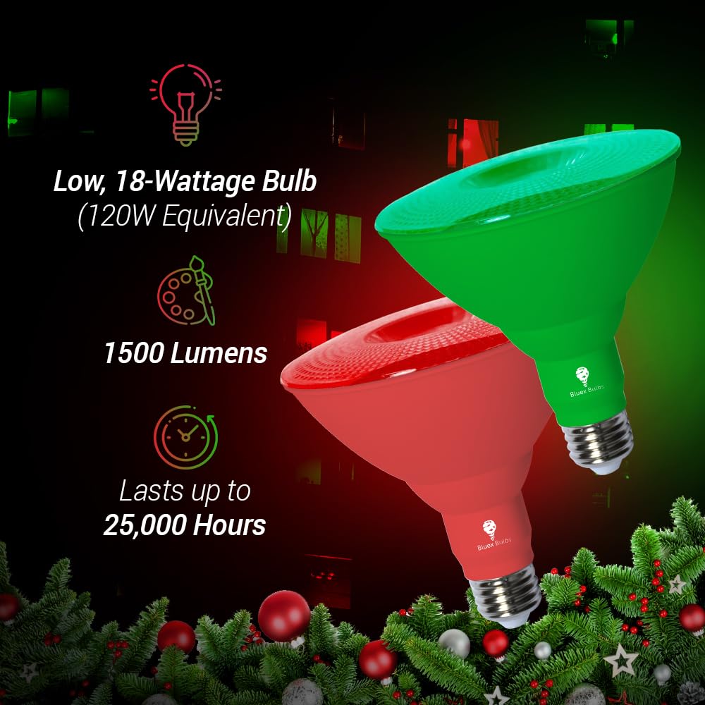 6 Pack BlueX LED Par38 Flood Green Red Light Bulb - 18W (120Watt Equivalent) - Dimmable - Green Red E26 LED Lights, Party Decoration, Porch, Home Christmess Lighting