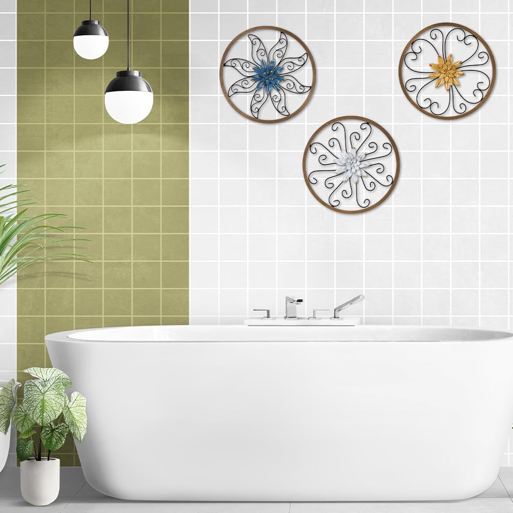 hogardeck Metal Flower Wall Decor - 3 pcs 11" Metal Wood Floral Wall Decoration with 6 Piece Interchangeable Flowers, Hanging Rustic Wall Art for Bedroom, Living Room, Bathroom, Kitchen