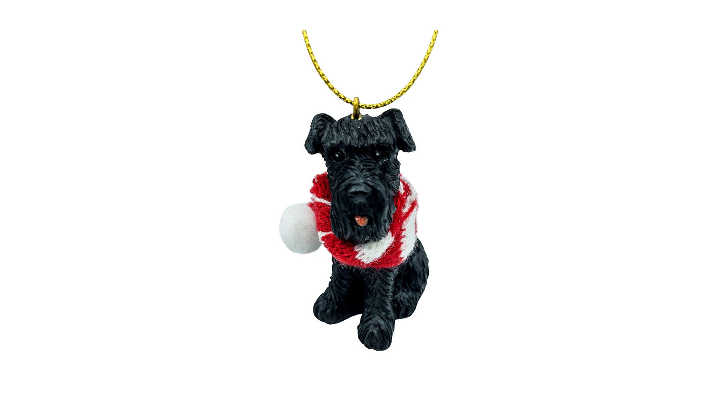 December Pets Miniature Black Schnauzer Dog Christmas Tree Ornament with Candy Cane Scarf