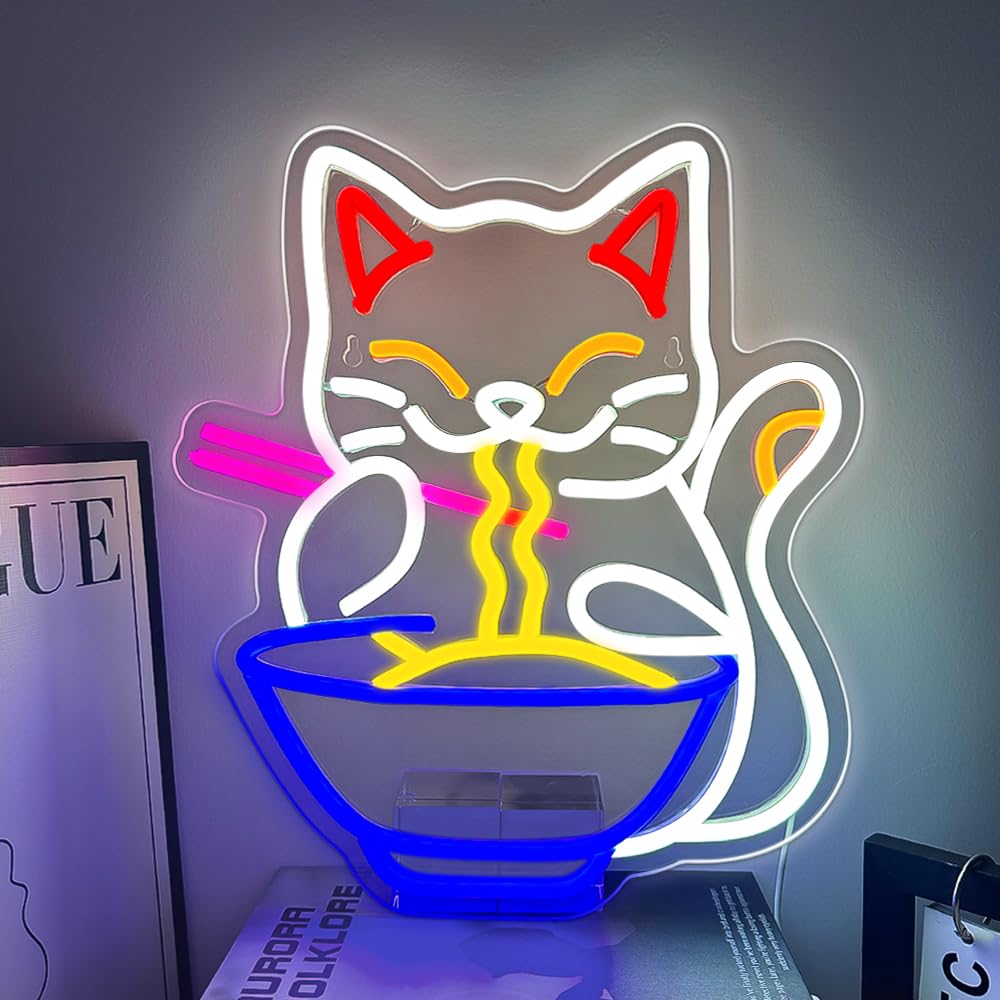 RuCvixkt Ramen Cat Neon Sign for Wall Decor, Fortune Japanese Cat Eating Ramen Led Light Signs Maneki Neko Lucky Neon Signs for Bedroom, Noodle Resturant,Baby Girls Room Party Gift