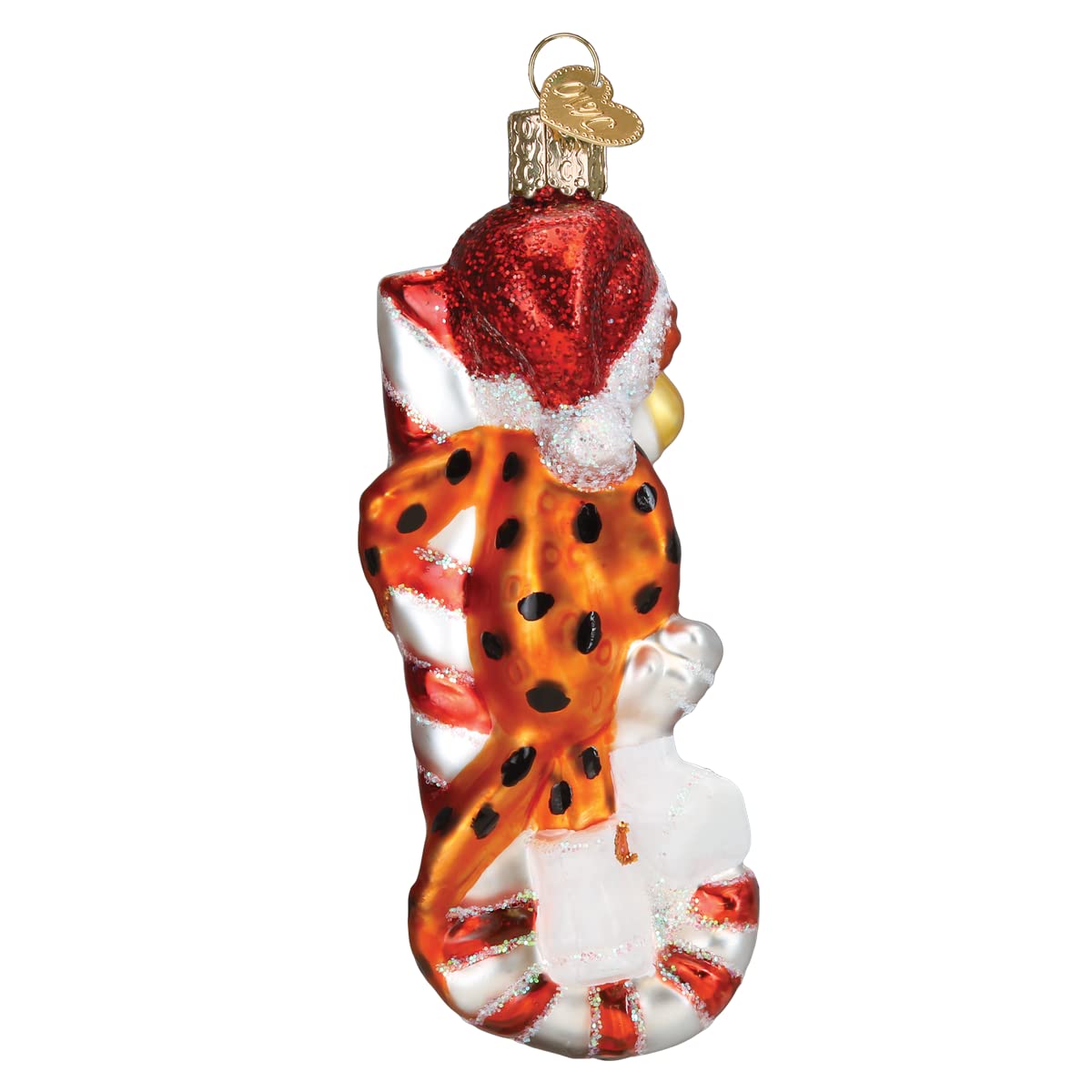 Old World Christmas Chester Cheetah on Candy Cane Glass Blown Ornament for Christmas Tree, Handcrafted Holiday Decoration, Snack Collection