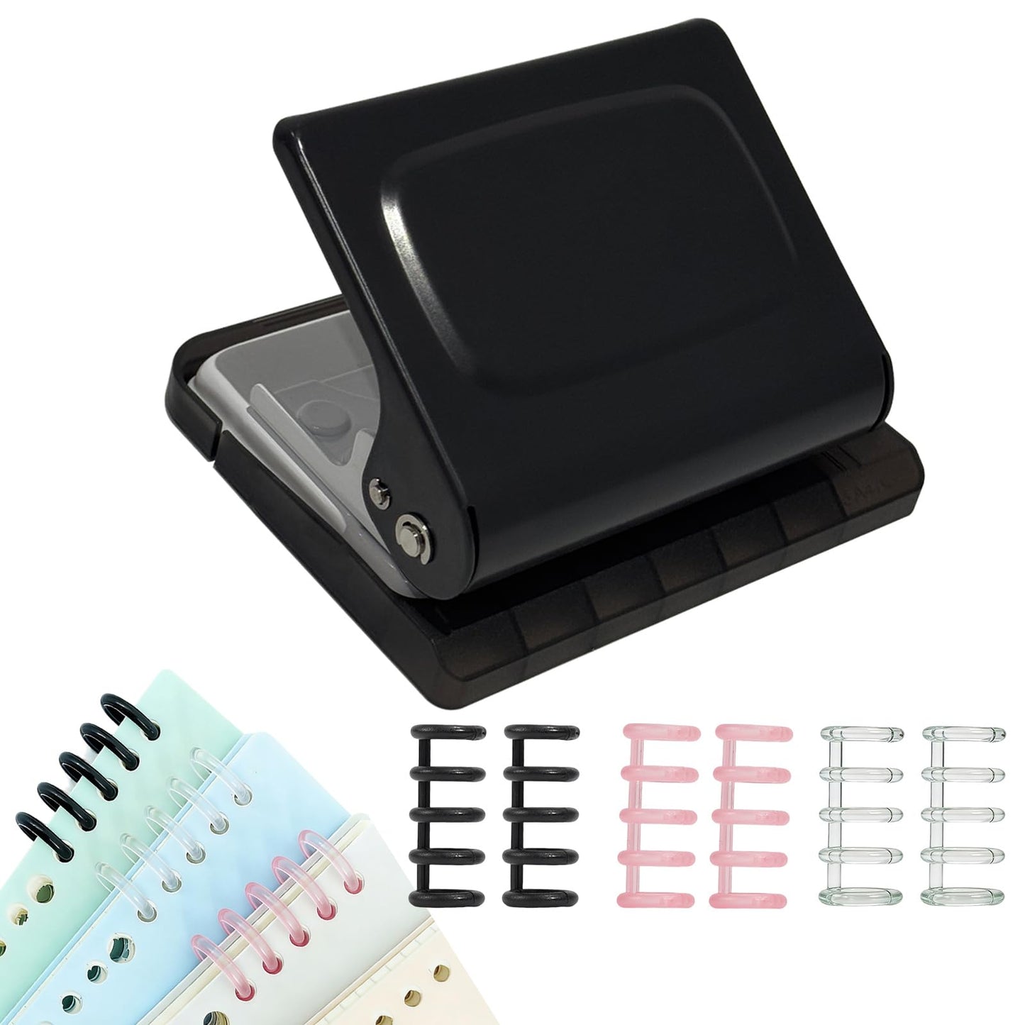 10 Hole Punch Binding Machine for Planners, Manual Paper Puncher for DIY Loose Leaf Notebooks, Includes 18 Colorful Binder Rings, Perfect for A4/A5/B5 DIY Scrapbooking, Black