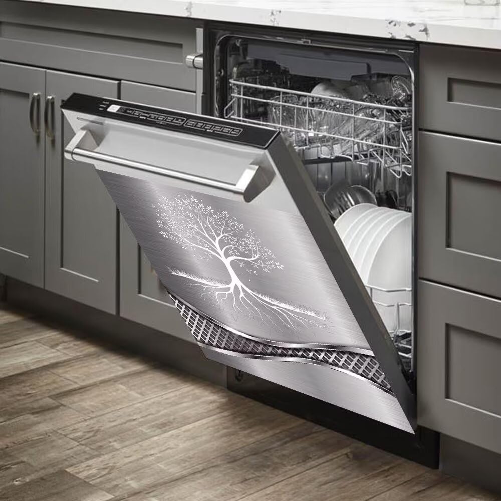 Imitation Stainless Steel Design Tree Painting Dishwasher Magnetic Cover Sticker Refrigerator Door Panel Fridge Appliance Magnet Decal Sheet Kitchen Decor 23x26 inch