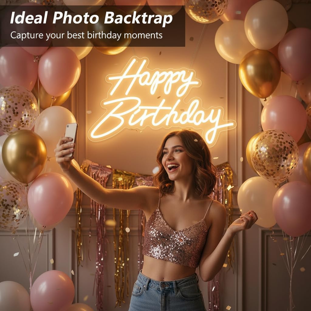 HMT Happy Birthday Neon Sign USB Powered 19.6×11.8 Inch Large LED Light Up Sign for Backdrop & Birthday Party Decor