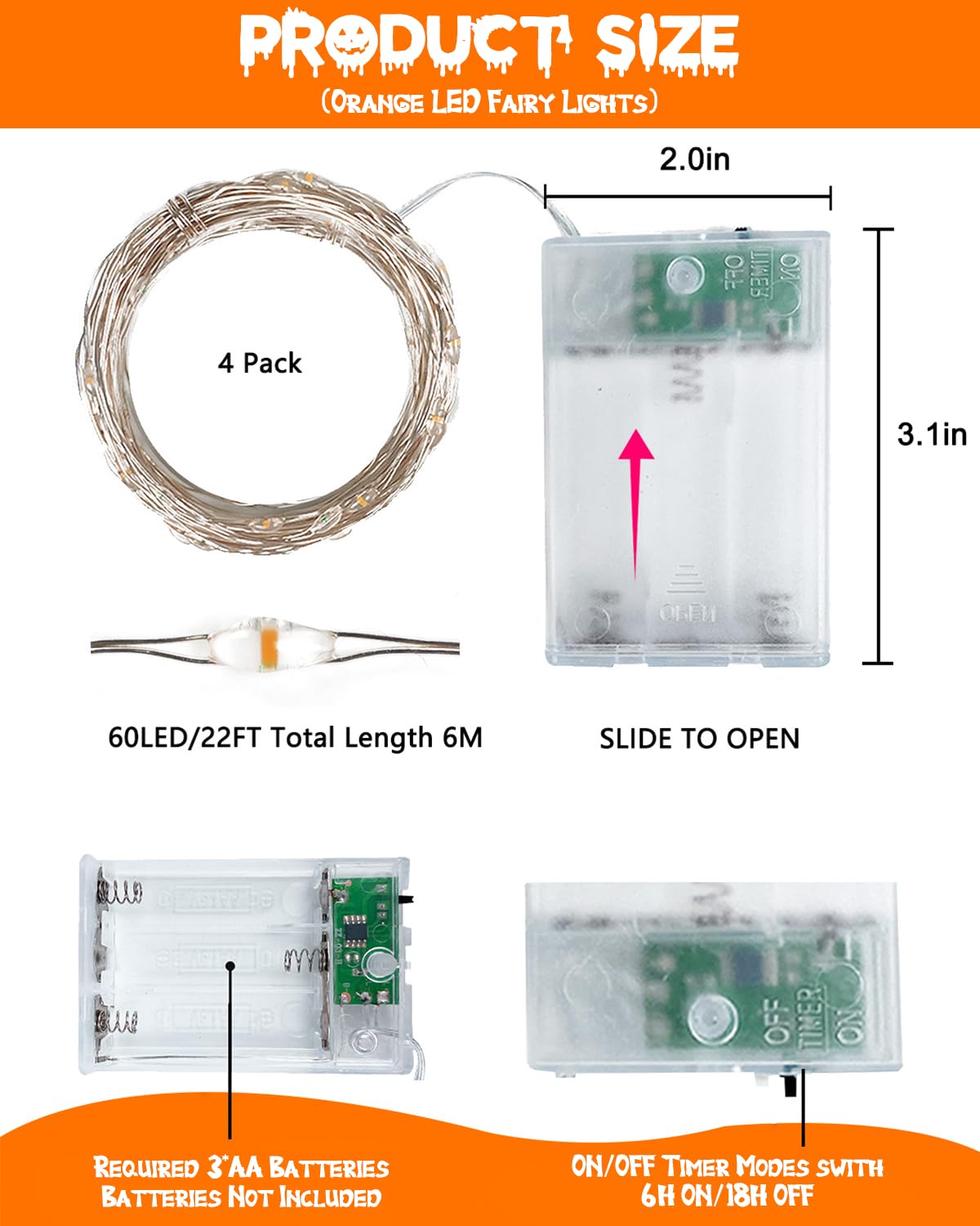 4 Pack 20FT 60LED Battery Operated Fairy Fall Lights with Timer, Waterproof Battery String Lights Outdoor Indoor, Battery Twinkle Lights for Bedroom Thanksgiving Day Party Halloween (Orange)