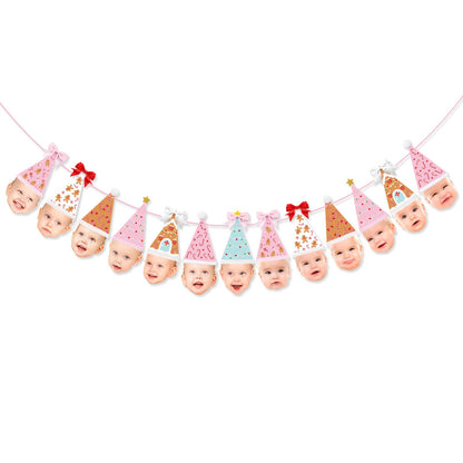K KUMEED Custom Face Christmas Banner,Bow Birthday Photo Banner from Newborn to 12 Months Gingerbread Christmas Hat Theme Monthly Milestone Photograph Bunting Garland