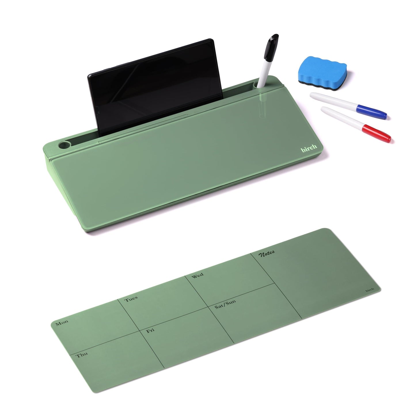 Birch Small Desktop Glass Whiteboard & Magnetic Calendar – Dry Erase Desk Pad Keyboard Stand with Storage, Adjustable Dividers, 3 Markers & Eraser – Office, Home & School (Moss)