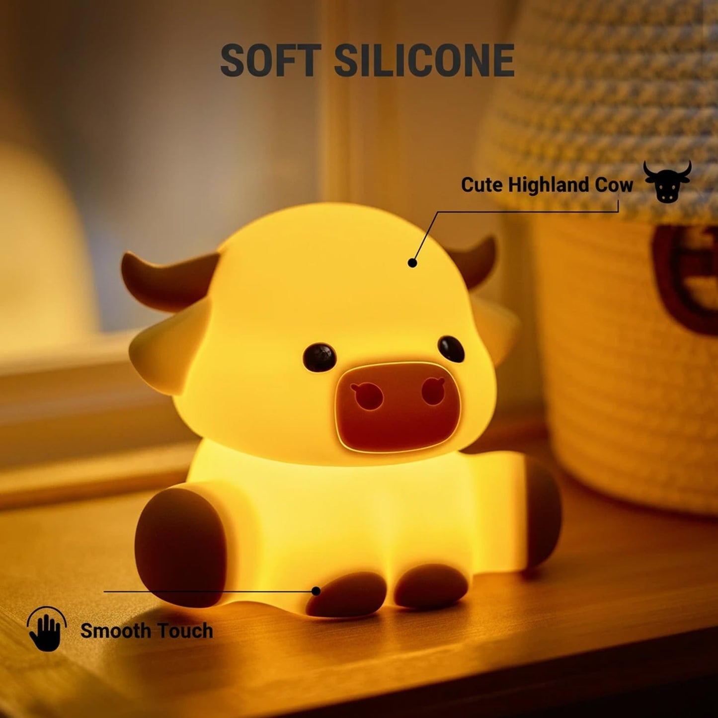 Znpum Highland Cow Night Light, Huggwaii Squishy Silicone Lamp for Kids - Dimmable Touch Sensor Cute Animal Lamp, Soft Glow Night Light for Nursery, Bedroom, Christmas Gifts for Boys, Girls, Women