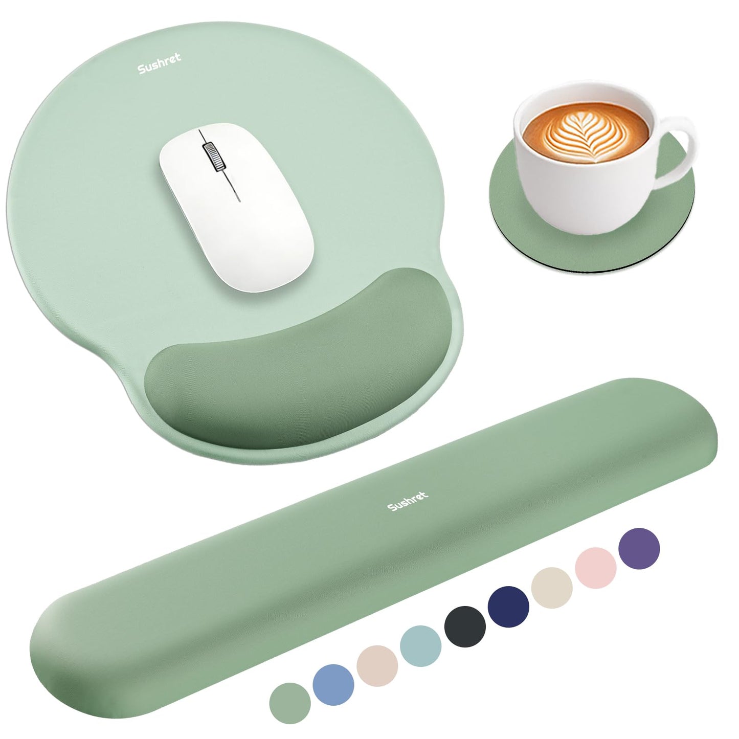 Sushret Mouse Pad and Keyboard Wrist Rest, 3-in-1 Gel Memory Foam Ergonomic Mouse Pad with Wrist Rest Set,Gaming Mousepad Arm Cushion Support for Computer Office Desk Accessories Cute Setup,Sage Green