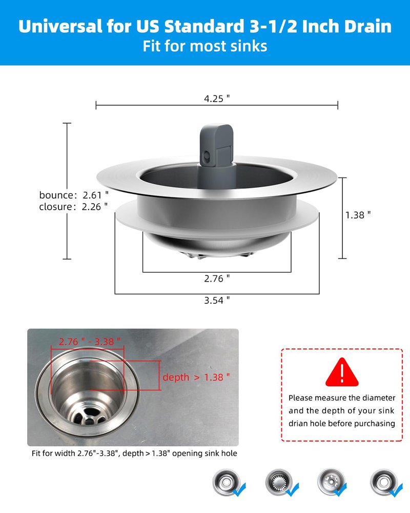 Hibbent Upgraded 3 in 1 Kitchen Sink Drain Strainer and Stopper Combo, Stainless Steel Metal Pop Up Sink Stopper, Anti-Clogging Basket with Foldable Handle for US Standard 3-1/2 Inch Drain
