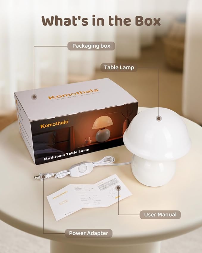 Mushroom Lamp Bedside Table Lamp for Bedroom, Cute Small Lamps with Glass Lampshade, Nightstand Lamp with Dimmer for Living Room Kitchen Apartments Offices Desk Shelves (White)
