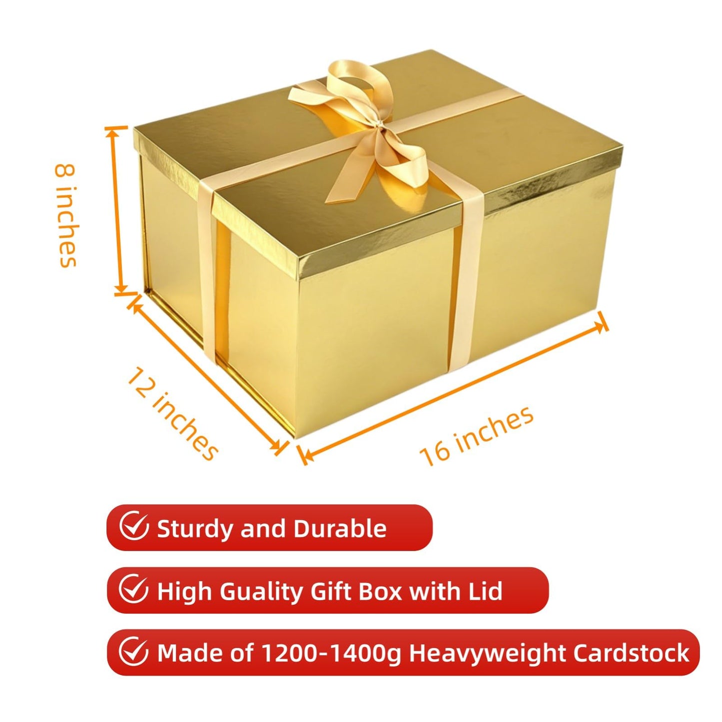 BoxSkivra Large Gift Box 16x12x8 Inches，Gold Gift Box with Lid for Christmas，Anniversary，Birthday，Luxury Boxes with Crinkle Paper，Ribbon，Alphabet Stickers