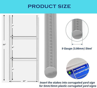50 Pack H Frame Wire Stakes 20"x10", Metal Yard Sign Stakes for 4mm,5mm and 6mm Corrugated Plastic Yard Signs