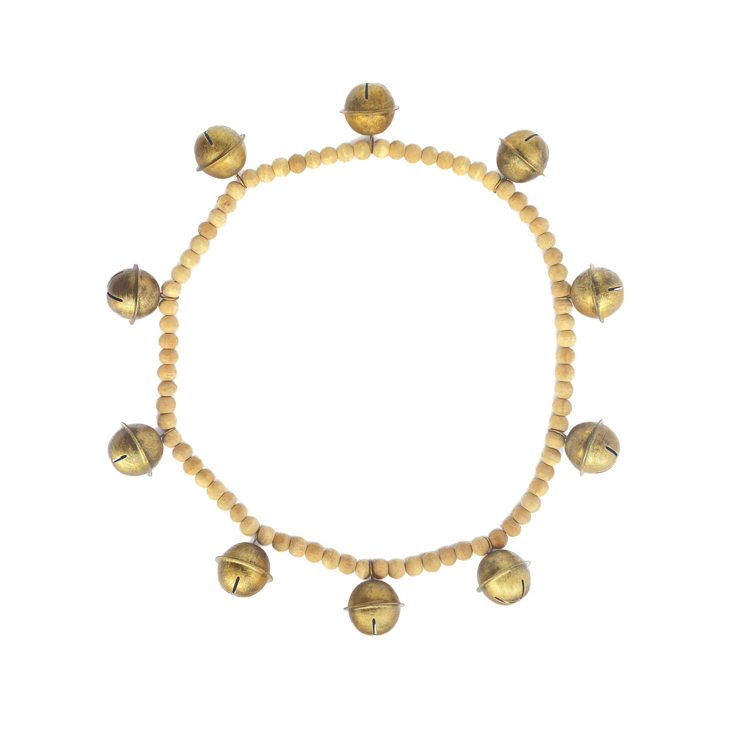 Creative Co-Op Wood Bead and Metal Bell Garland, Natural and Antique Gold Finish