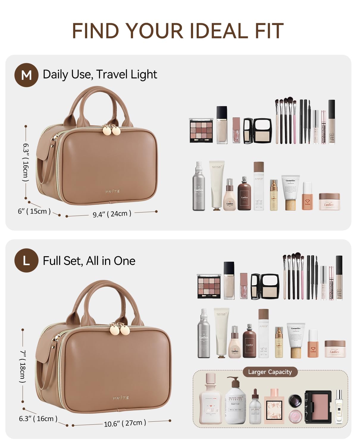 Prite Makeup Bag for Women, Large Capacity Waterproof Travel Cosmetic Organizer, Portable Open Flat Toiletry Bag with Free-standing Brush Holder and Handle(Brown Medium)