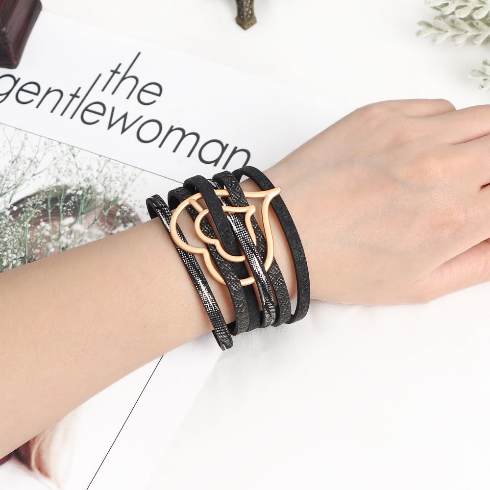 Boho PU Leather Wrap Bracelets for Women Bohemian Heart Multi-Layer Bangle Bracelets Jewelry Gift for Women- Black