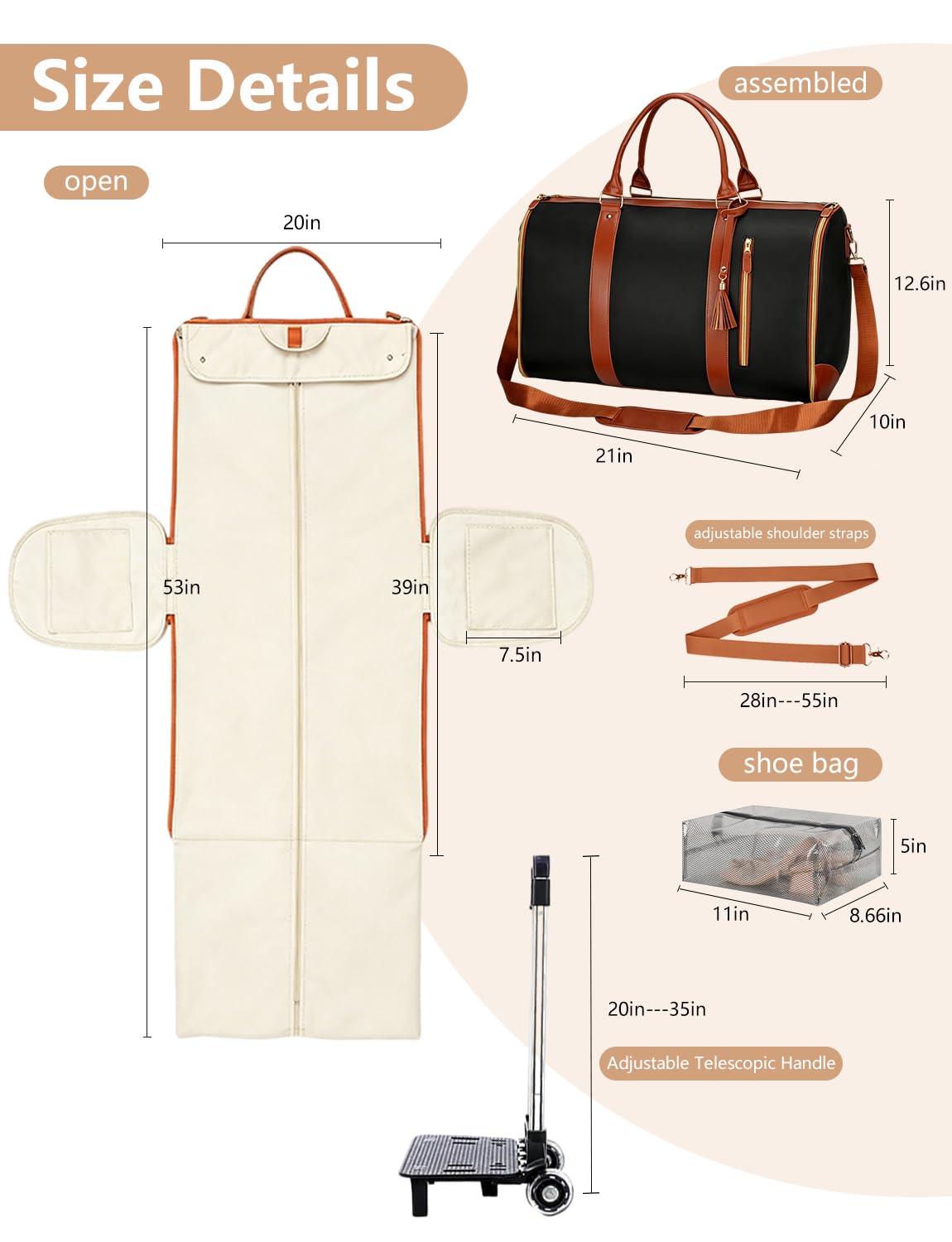 BSAKG 3 in 1 Convertible Garment Duffle Bags for Travel 45L Smooth Zipper Rolling Duffle Bag With Wheels Waterproof Carry On Duffle Bag for Men&Women with Weekends Weddings Business Short Trips Black