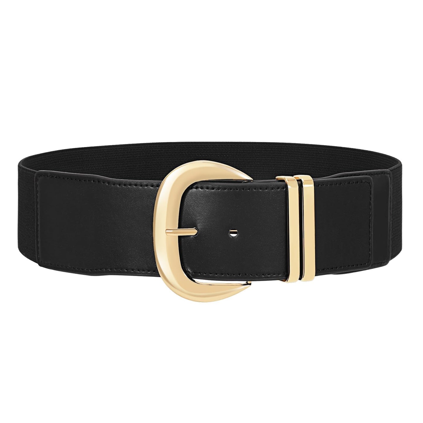 WHIPPY Women Wide Elastic Waist Belt for Dresses Fashion Gold Buckle Stretchy Leather Waistband for Ladies, Black, Fits Waist 24"-28"