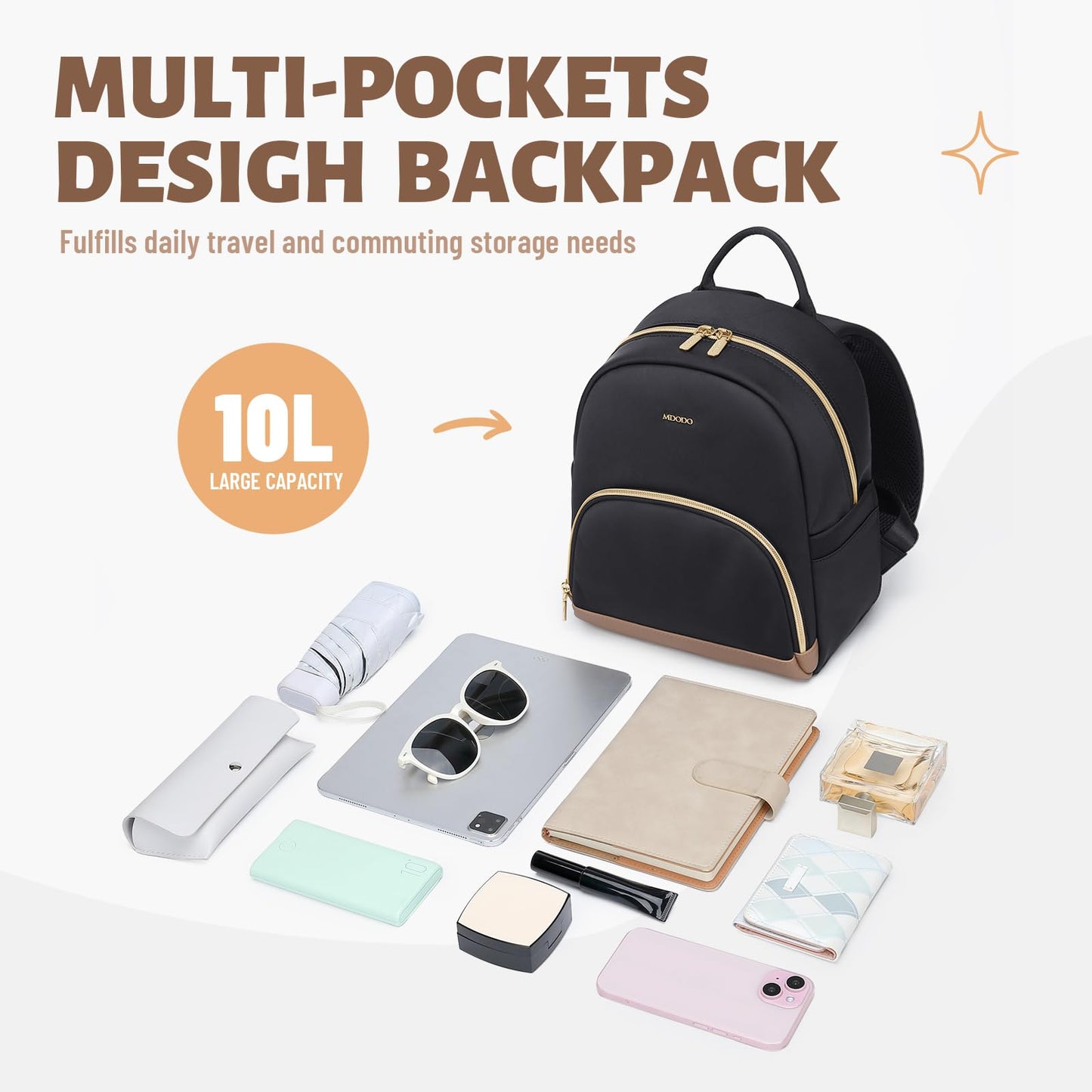 MDODO Small Backpack for Women Lightweight Stylish Mini Backpack Daypack Purses Cute Bookbag for Casual College Travel Daily,fit 10.9Inch iPad,Black