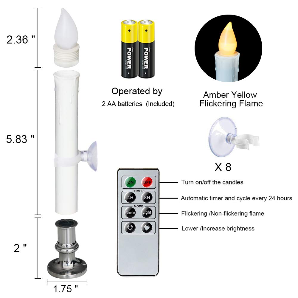 Wondise Flameless Window Candles with Remote and Timer, Battery Operated Silver Holders and Suction Cups White Candles for Christmas Home Decoration, Set of 8(D1.75 x H9 Inch)