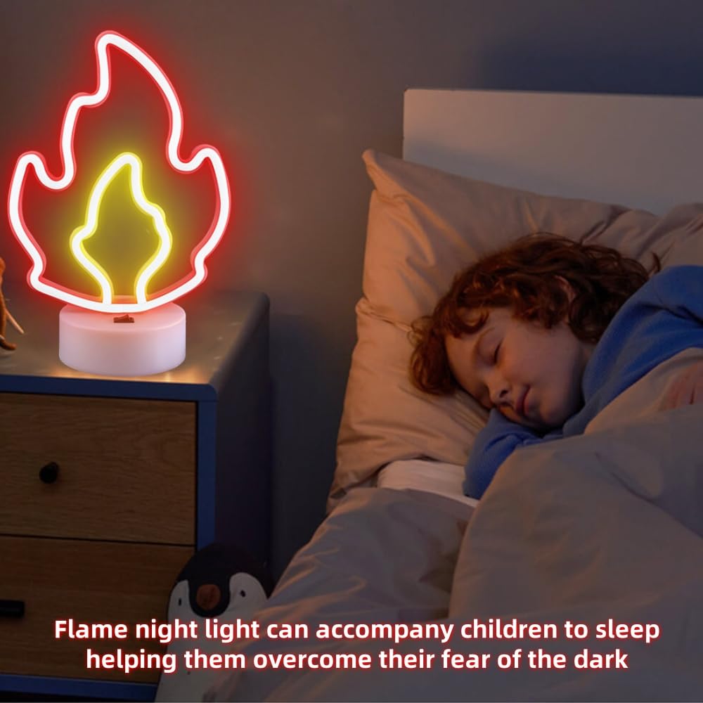 AurGun Fire Flame Neon Sign with Base, LED Fire Neon Lights for Room Decor, USB & Battery Powered Table Lamp Flame Led Light Sign for Home, Bedroom, Party, Birthday, Christmas Decor, Kids Gift