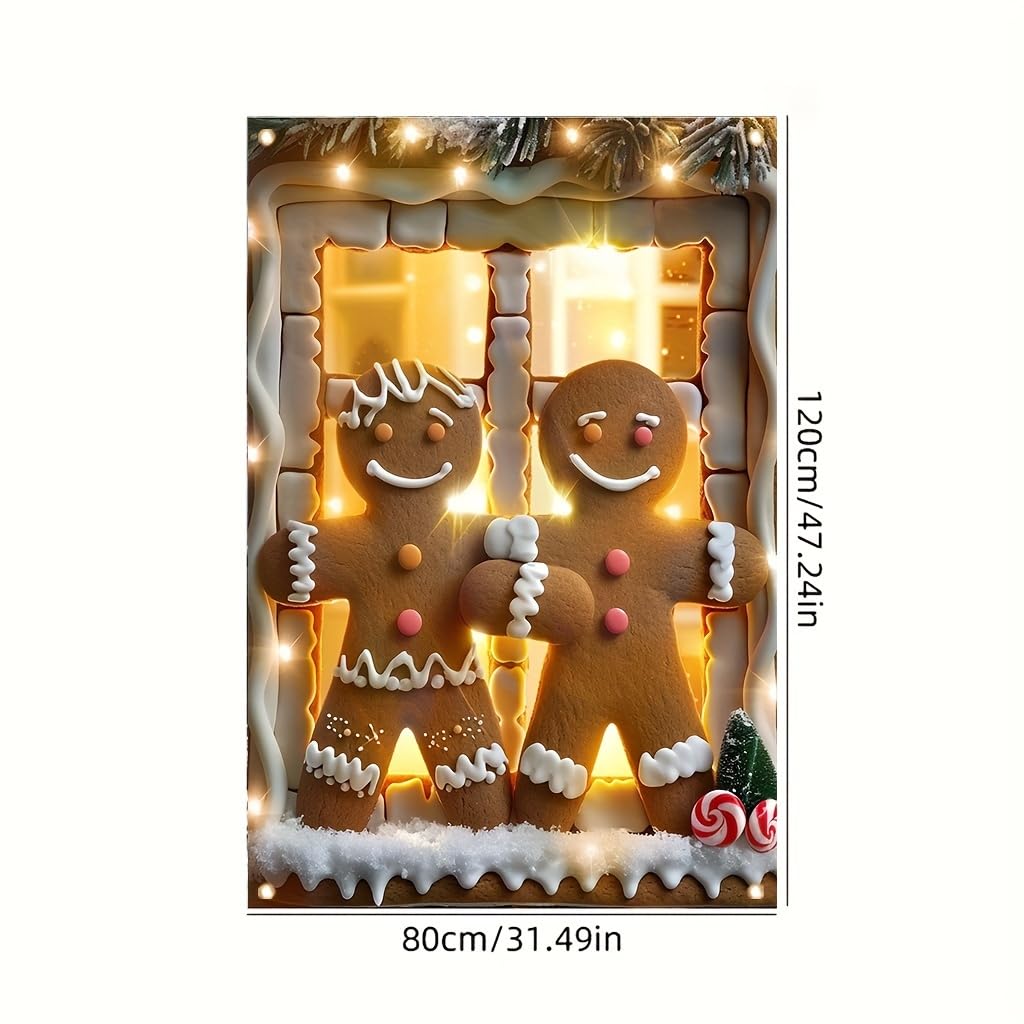 Tomhong Gingerbread Couple Christmas Window Banner 31x47 Inch Holiday Decoration Snowy Scene with Garland for Indoor Outdoor Home Wall or Window Display Cozy Christmas Decor