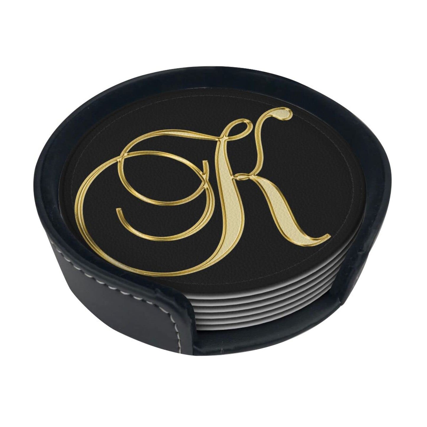 Famame 6 Pcs Letter K Alphabet Gold Print Leather Coasters for Drinks with Holder Coaster Sets Drink Table Cup Coasters for Living Room Kitchen Coffee Decor