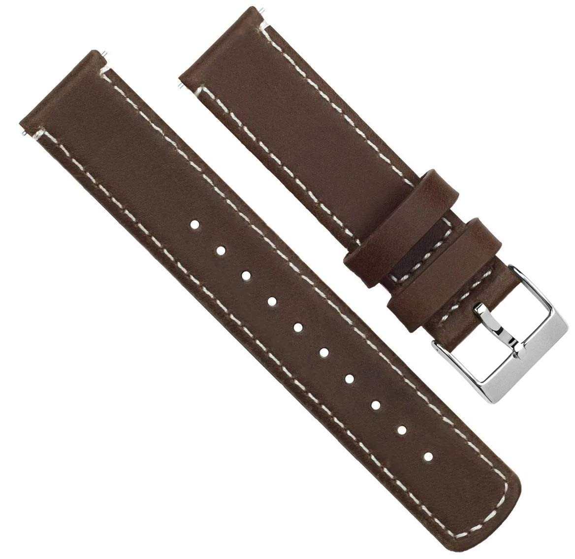 BARTON WATCH BANDS Quick Release Top Grain Leather Watch Band Strap, Saddle Leather/Linen White Stitching, 22mm