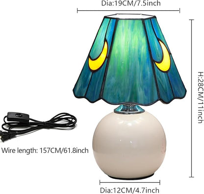 Mushroom Tiffany Lamp Stained Glass Moon Lamp Small Bedside Table Lamps for Bedroom Dorm Living Kitchen, Home Birthday Christmas Thanksgiving Day Gift (Sea Blue)