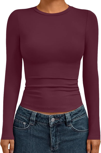 AUTOMET Womens Long Sleeve Shirts Basic Compression Going Out Crop Tops Fall Fashion Y2K Clothes 2025