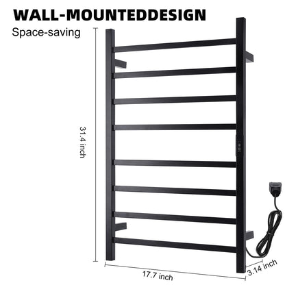 Towel Warmer Heated Towel Bar-Rack - Nopwer Bathroom Wall Mounted Electric Towel Drying Plug-in Matte Black 8 Bars