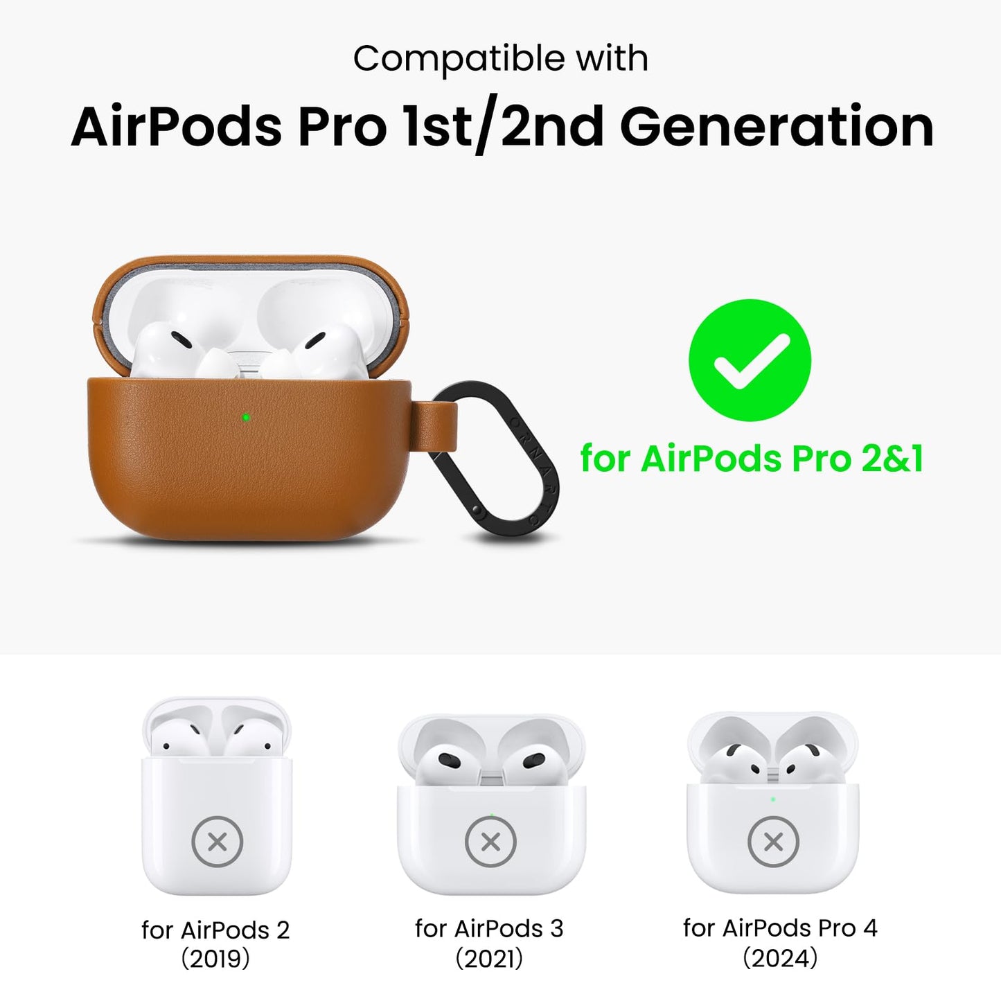 ORNARTO Compatible with AirPods Pro 2 Case, Full Protective Vegan Leather Cover for Airpods Pro 2nd / 1st Generation (2022/2019), Front LED Visible, Brown Leather