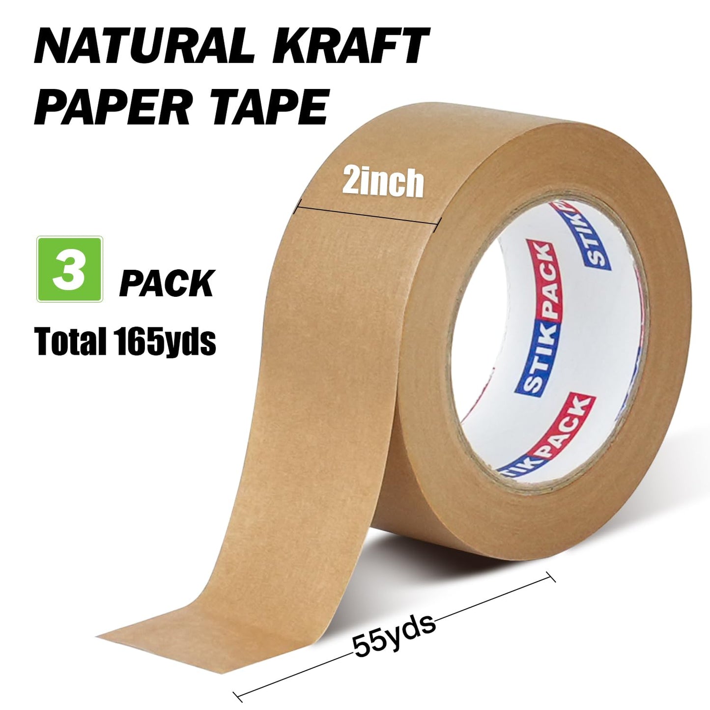 STIKPACK 3 Rolls, Kraft Paper Tape, Heavy Duty,50mm x 50m, Self-Adhesive and Easy to Tear,Eco-Friendly and Biodegradable, Writable,Uncoated, No Noise Paper Packaging Tape for Masking, Sealing,Packing