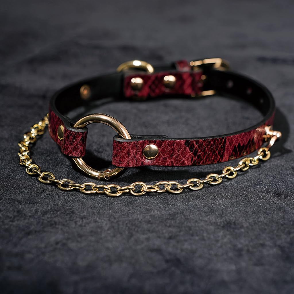 Yurielys Red Snakeskin Leather Choker Necklace with Gold Chain – Gothic Punk Adjustable Women’s Collar