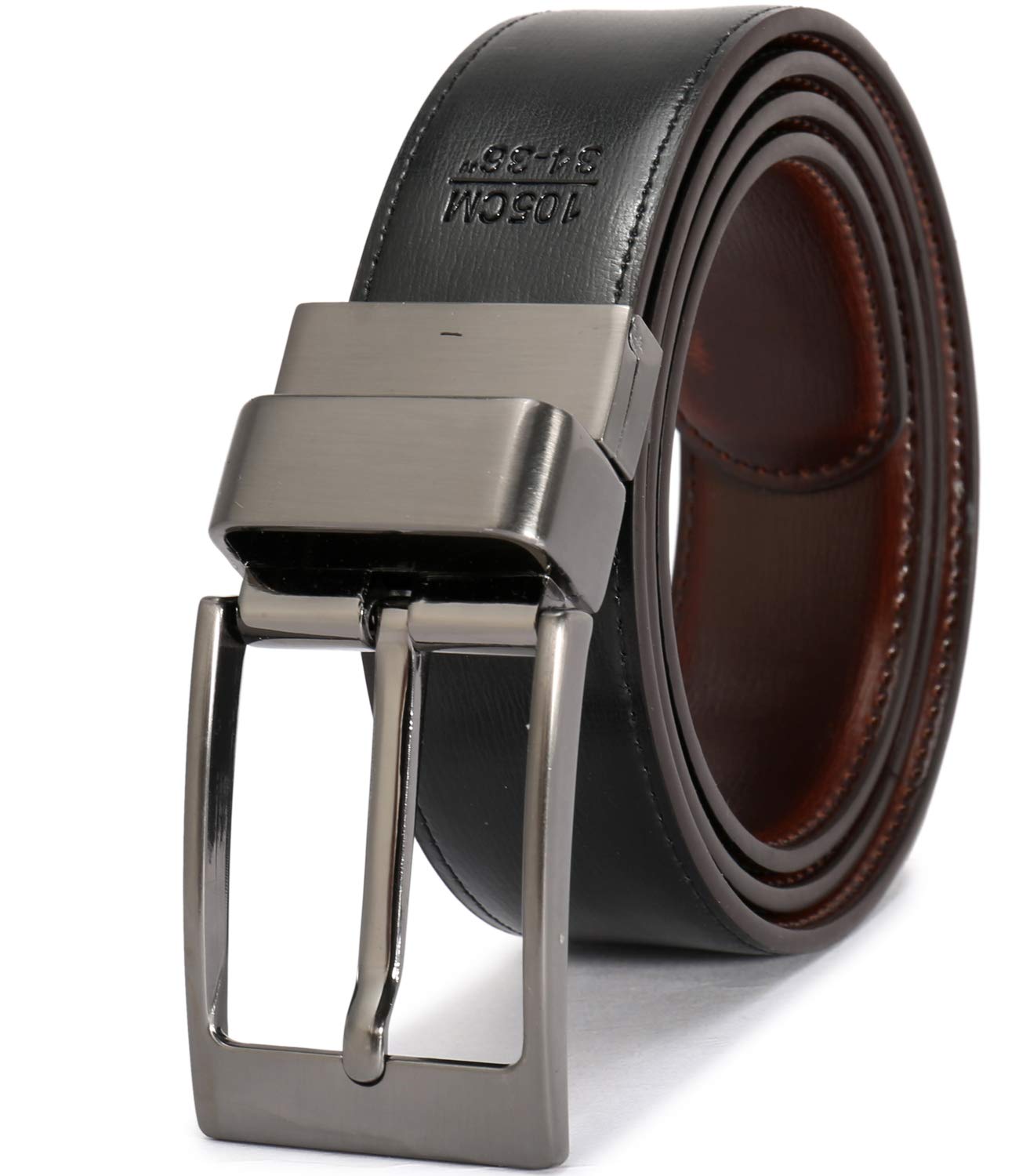 beltox fine Men's Dress Belt Leather Reversible 1.25" Wide Rotated Buckle Gift Box（Black Buckle with Cognac/Black Belt,30-32）