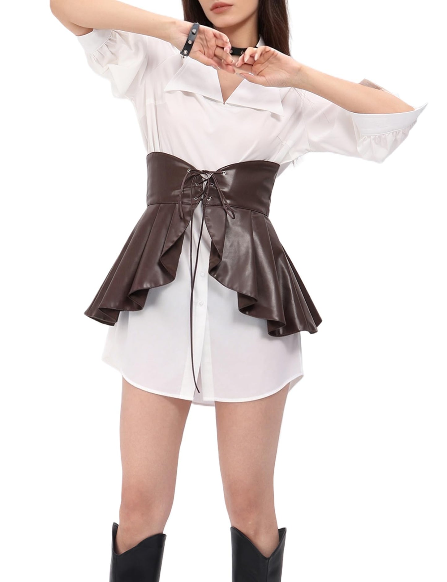 DAZCOS Gothic Retro Faux Leather Waist with Ruffle Adjustable Corset for Lolita Dark Style Dresses (US, Alpha, Small, Regular, Regular, Brown)