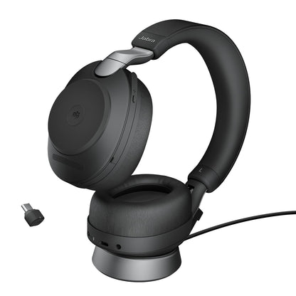 Jabra Evolve2 85 Wireless PC Headset – Noise Cancelling MS Certified Stereo Headphones with Long-Lasting Battery – USB-A Dongle, Charging Stand – Black