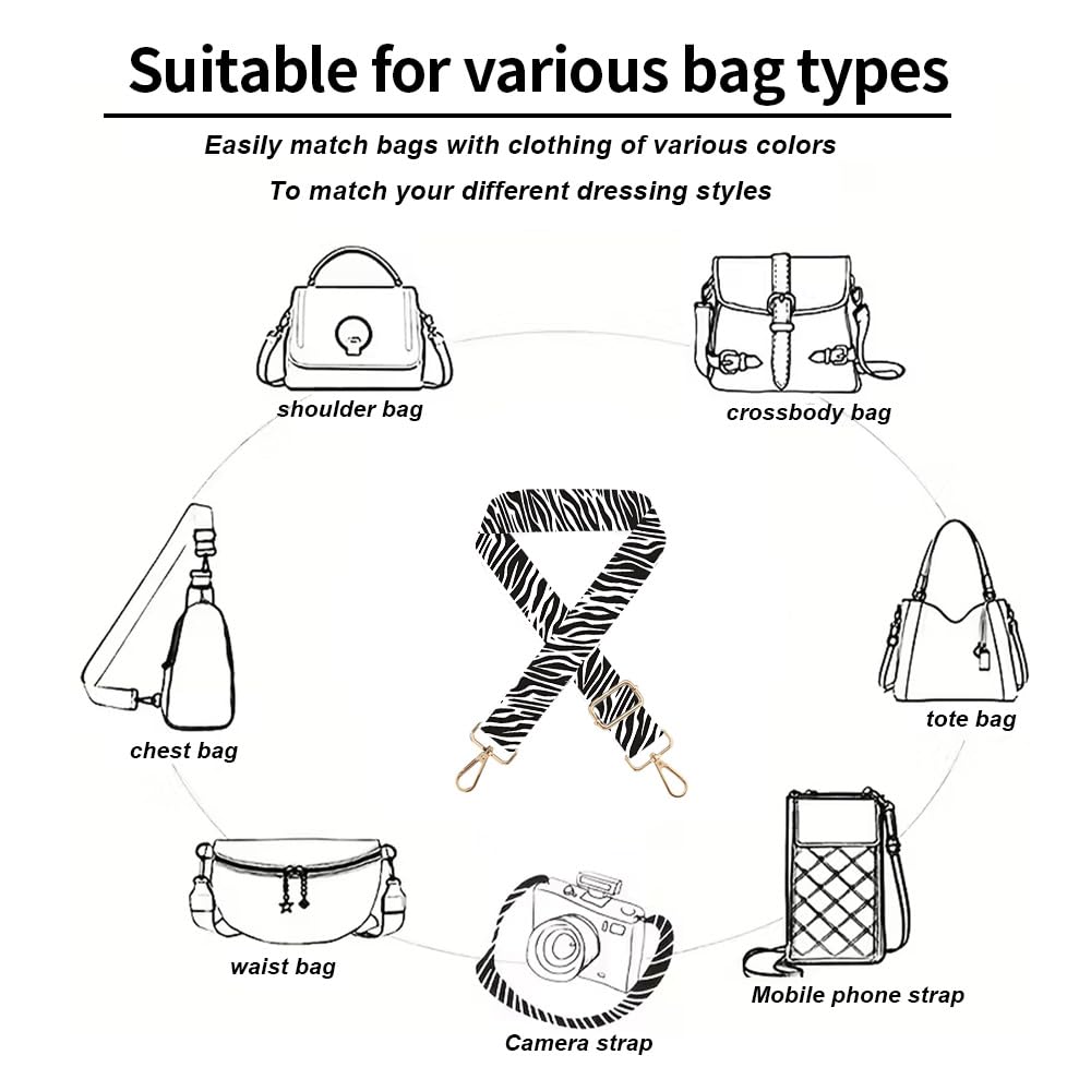 WDESYADMS Adjustable Replacement Bag Strap 55.1×2 Inch Zebra Print Wide Shoulder Crossbody Purse Strap with Metal Hooks Comfortable Lightweight Handbag Strap Replacement for Tote Messenger Bag