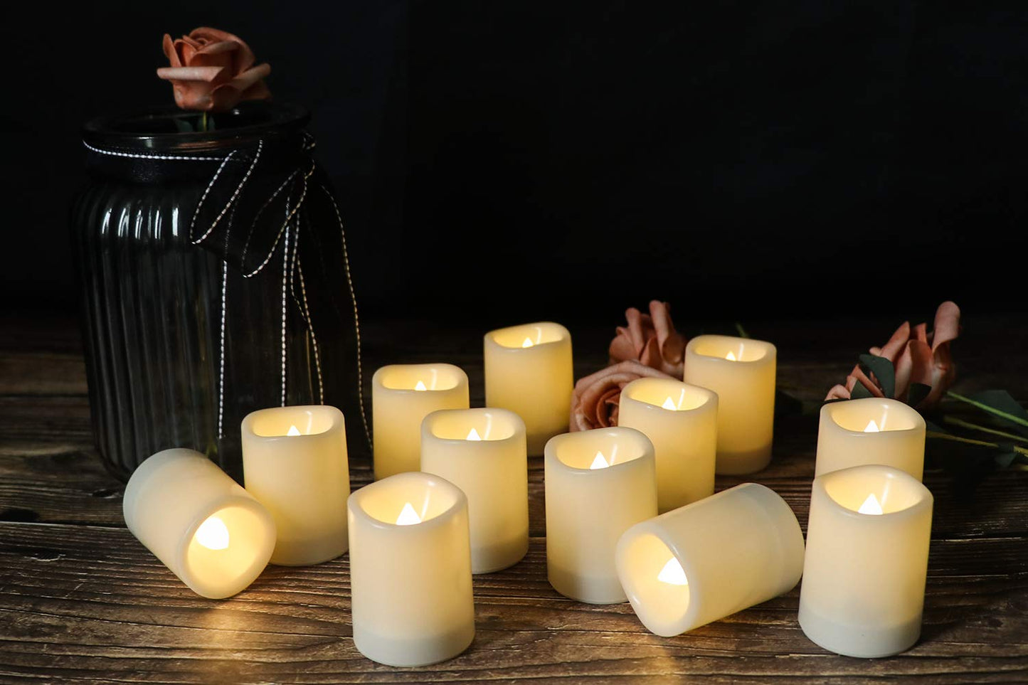DRomance Outdoor Waterproof Flameless Votive Candles with Timer, Battery Operated LED Tealight Flickering Candles Warm Light Set of 12 Wedding Party Decor Plastic Candle(1.5 x 2 Inches)