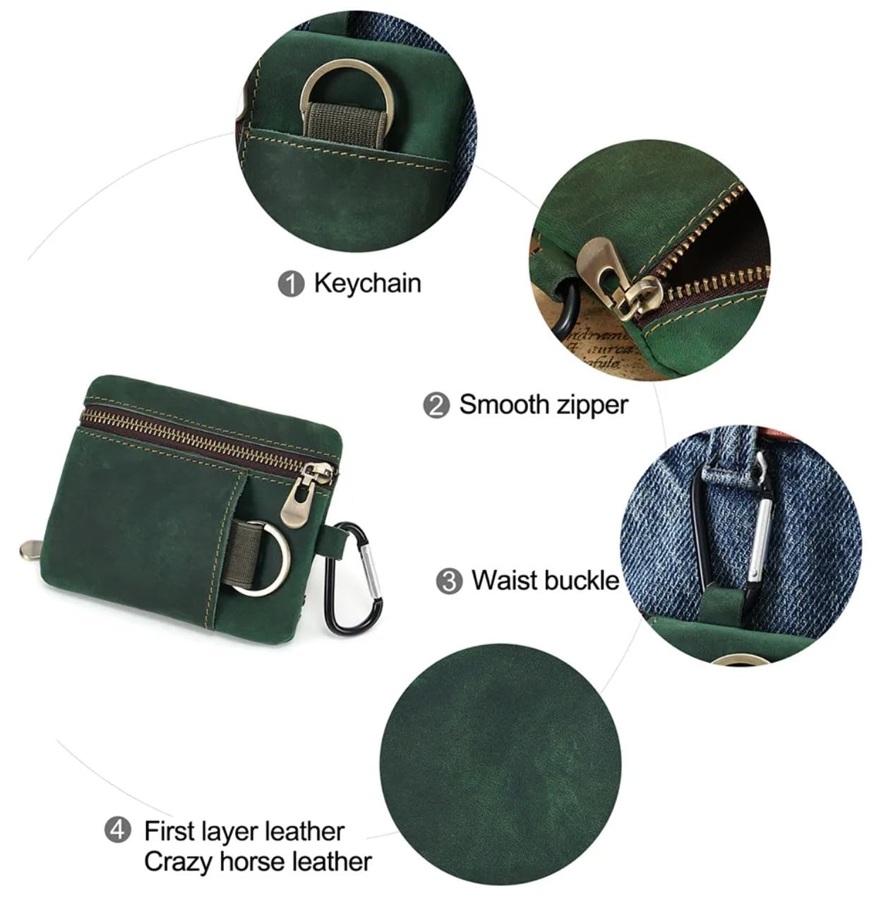 Men Genuine Top Grain Cow Leather Coin Purse with Key Ring & Clip. Retro Slim Minimalist Wallet Card Case (Coffee)