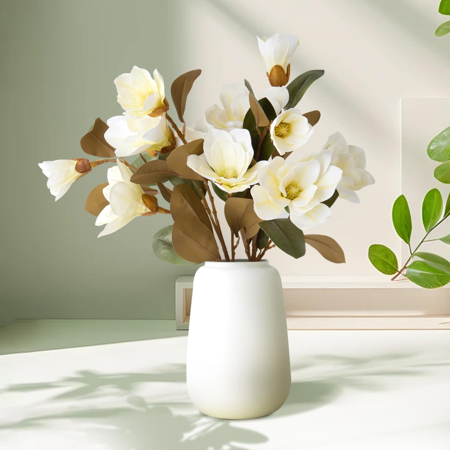 2PCS 32.2inch Artificial Magnolia Flowers 3D Real Touch 6 Heads Faux Magnolia Flower Bouquets Realistic Long Stem with Green Leaves for Home Wedding Table Office Floral Arrangement Decoration (White)