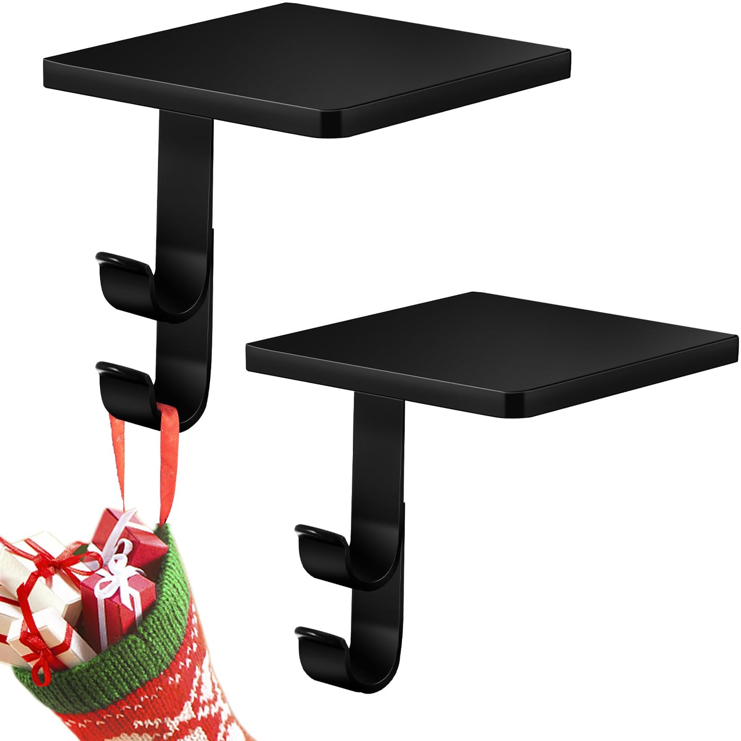 Zhengmy 2 Pcs 2 in 1 Fireplace Stocking and Garland Hangers Heavy Duty Metal Christmas Stocking Holder for Mantle, Two Hooks Hangers for Garland Balls Fireplace Xmas Holiday Party Decoration (Black)