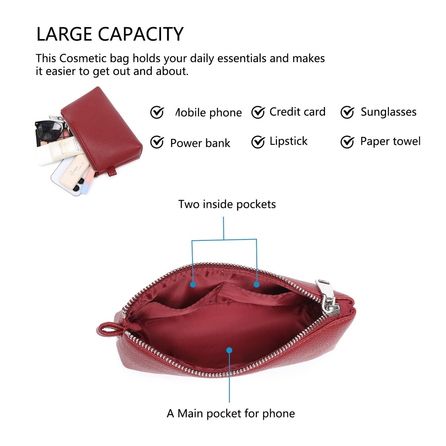 YONBEN PU Leather Small Makeup Bag for Women Cosmetic Bag Organizer with 2 Inner Pockets Zipper Pouch(Pu/Saddle Brown)