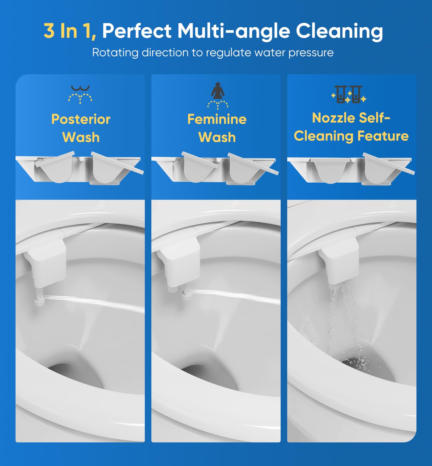 Ultra-Slim 3-in1 Bidet, Warm Water, Self-Cleaning, Posterior&Feminine Wash-(Retractable Dual Nozzles), Non-Electric Bidet Attachment for Toilet Seat, Adjustable Water Pressure, Stainless Steel Inlet