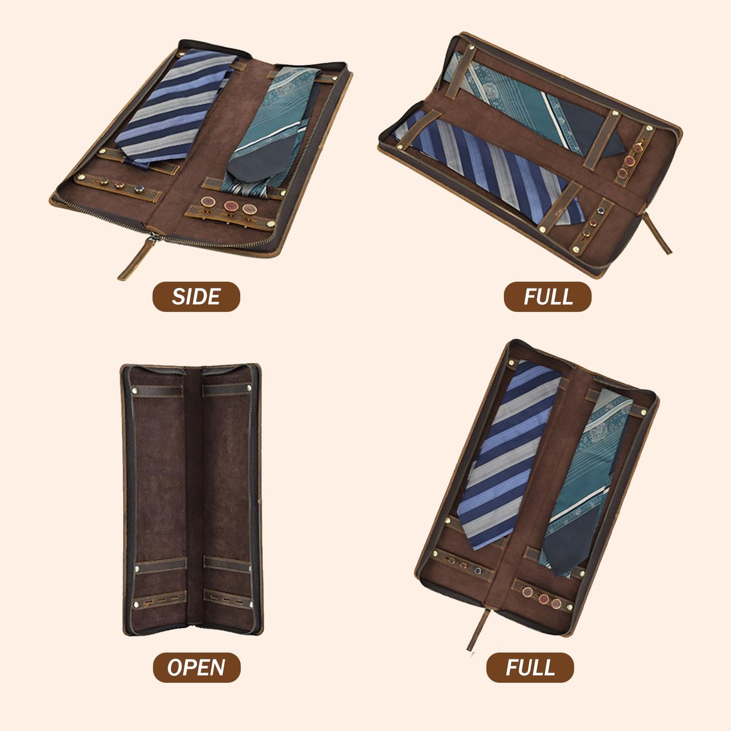 UVKDEENK Travel Ties Case, Genuine Leather Portable Necktie Cufflinks Storage Box, Zipper Tie Holder Organizer for Mens Coffee